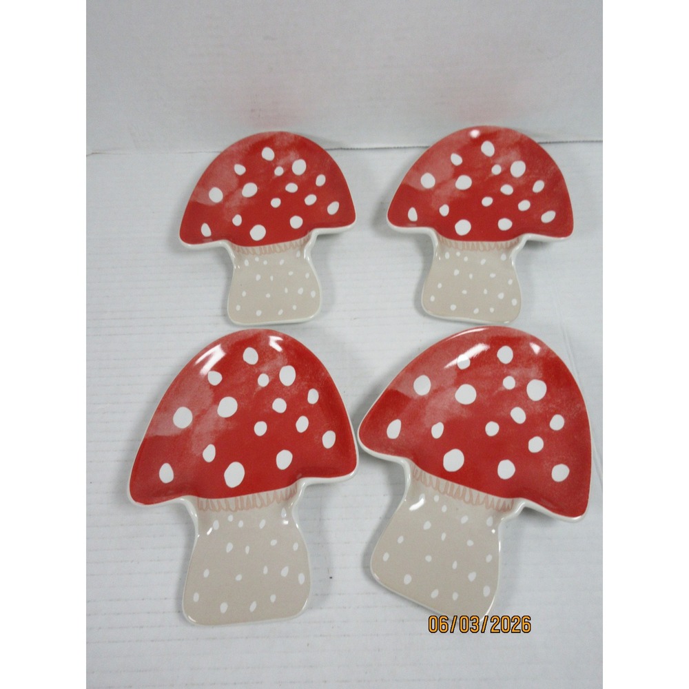 Set of 4 Danica Jubilee Red Mushroom Spoon Rests Ceramic Toadstool Cottagecore